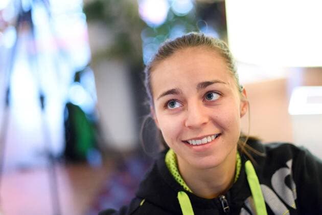 171211 Daniela Gustin is interviewed at a press conference with the Swedish national team during the World Cups Handball on December 11, 2017 in Leipzig  Copyright: CARLxSANDIN BB171211CS021