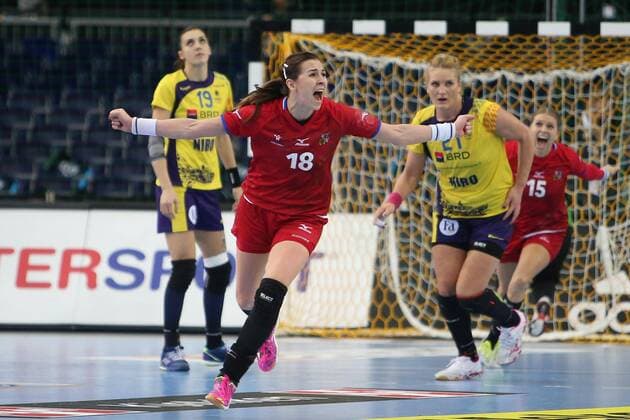 Romania Czech Republic Handball Women World Cup Leipzig 11 12 2017 Arena Leipzig World Cup 2017 Handball Women Round of 16 Romania ROU vs Czech Republic CZE 27 28 17 14 Pictured Iveta LUZUMOVA 18 Czech Republic celebrates after the winner