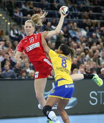 Sweden Denmark Handball Women WC Leipzig 12 12 2017 Arena Leipzig World Cup 2017 Handball Women Quarter Finals Sweden SWE vs Denmark DEN In the picture v l Mette TRANBORG 18 Denmark and Jamina ROBERTS 8 Sweden