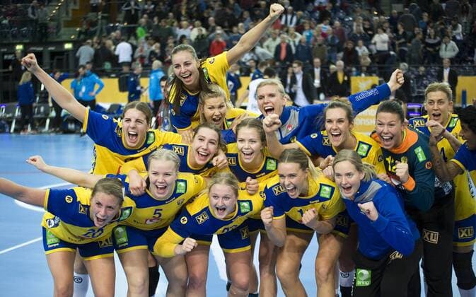 23 Womens Handball World Cup Womens Handball World Cup Round of 16 Sweden Denmark 12 12 2017 Cheering team at the Schweidschen after the semi-finals Leipzig Saxony Germany