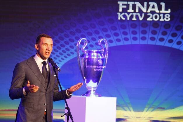 Fußball, CL, Finale-Logo wird in Kiew präsentiert December 12, 2017 - Kiev, Ukraine - Ukrainian national soccer team coach ANDRIY SHEVCHENKO speaks during the presentation of the logo of the 2018 UEFA Champions League final in Kiev, Ukraine, on 12 December 2017. The UEFA Champions League final will be played at the Olimpiyskiy stadium in Kiev on 26 May 2018. Presentation of the logo of the 2018 UEFA Champions League final - ZUMAg194 20171212_zap_g194_010 Copyright: xSergxGlovnyx