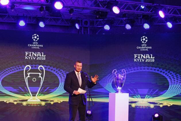 Fußball, CL, Finale-Logo wird in Kiew präsentiert December 12, 2017 - Kiev, Ukraine - Kiev city mayor VITALIY KLITSCHKO speaks during the presentation of the logo of the 2018 UEFA Champions League final in Kiev, Ukraine, on 12 December 2017. The UEFA Champions League final will be played at the Olimpiyskiy stadium in Kiev on 26 May 2018. Presentation of the logo of the 2018 UEFA Champions League final - ZUMAg194 20171212_zap_g194_013 Copyright: xSergxGlovnyx