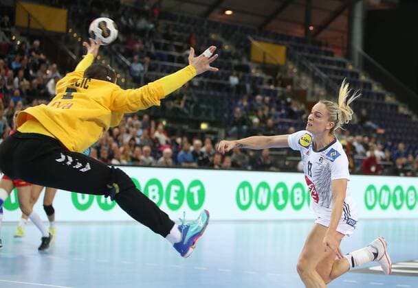 France Montenegro Handball Women World Cup Leipzig 12 12 2017 Arena Leipzig World Cup 2017 Handball Women Quarter Finals France FRA vs Montenegro MNE Pictured v l goalkeeper Marina RAJCIC 1 Montenegro and Manon HOUETTE 13 France