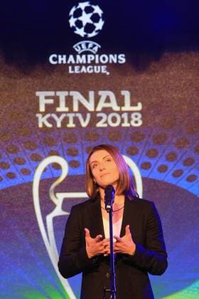 Fußball, CL, Finale-Logo wird in Kiew präsentiert Midfielder of the Ukrainian women?s football team Iia Andrushchak delivers a speech during a ceremony to present the logo of the 2018 UEFA Champions League final at the NSC Olimpiyskiy, Kyiv, capital of Ukraine, December 12, 2017. Ukrinform. KYIV. The logo of the 2018 UEFA Champions League final has been presented at the NSC Olimpiyskiy. The arena which previously staged the UEFA EURO EM Europameisterschaft Fussball 2012 final is set to host the last game of the 2018 UEFA Champions League on May 26, 2018. The 2018 UEFA Women s Champions League final will be played in Ukraine for the first time at the Valeriy Lobanovskyi Dynamo Stadium on May 24. Logo of 2018 UEFA Champions League final unveiled in Kyiv  Copyright: xPavloxBagmutx