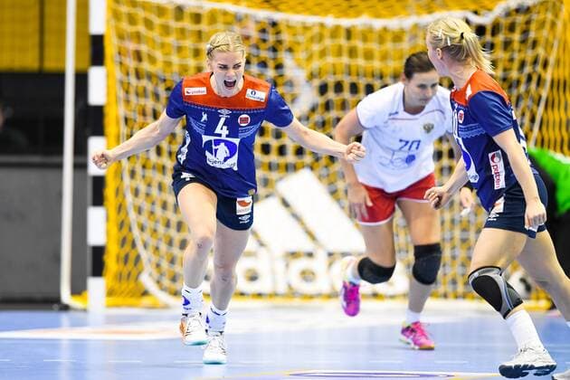 171213 Norways Veronica Egebakken Kristiansen celebrates the quarterfinals between Norway and Russia during the World Cups World Cup on December 13, 2017 in Magdeburg  Copyright: CARLxSANDIN BB171213CS075