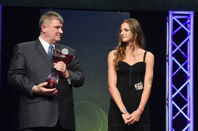 Czech tennis player Karolina Pliskova (right) accepts the award for the best tennis player of the year from President of the Czech Tennis Federation Ivo Kaderka (left) during the award-giving ceremony of the 25th best Czech tennis player award Golden Canary in Prerov, Czech Republic, on December 14, 2017. (CTKxPhoto LudekxPerina) CTKPhotoP201712141006201  LPE 016