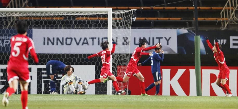 Football: Japan vs N. Korea North Korean players celebrate after midfielder Ri Hyang Sim scores the team s second goal against Japan in the second half of a women s E-1 Football Championship match at Fukuda Denshi Arena in Chiba on Dec. 15, 2017. N. Korea won 2-0. 