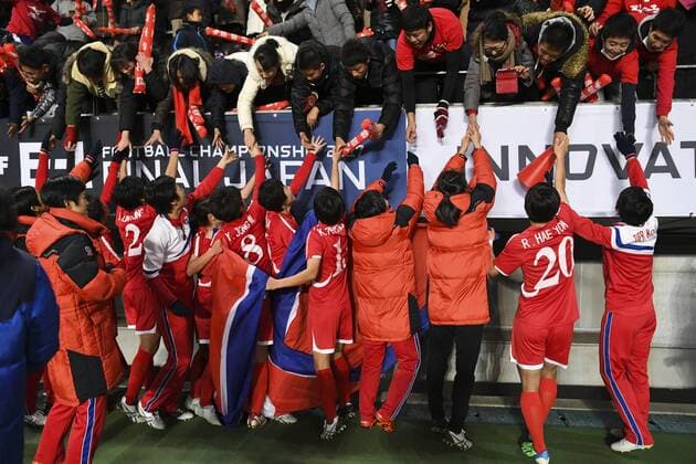 CHIBA, JAPAN - DECEMBER 15: North Korean players celebrate the East Asian Champions following their 2-0 victory with their fans during the EAFF E-1 Women s Football Championship between Japan and North Korea at Fukuda Denshi Arena on December 15, 2017 in Chiba, Japan.  Copyright: xVCGx CFP111140897891 