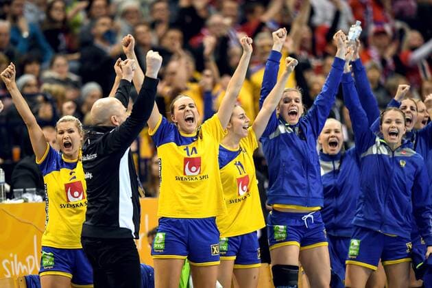 171215 The Swedish bench celebrates the semi-final between Sweden and France during the World Cups World Cup on December 15, 2017 in Hamburg  Copyright: CARLxSANDIN BB171215CS115