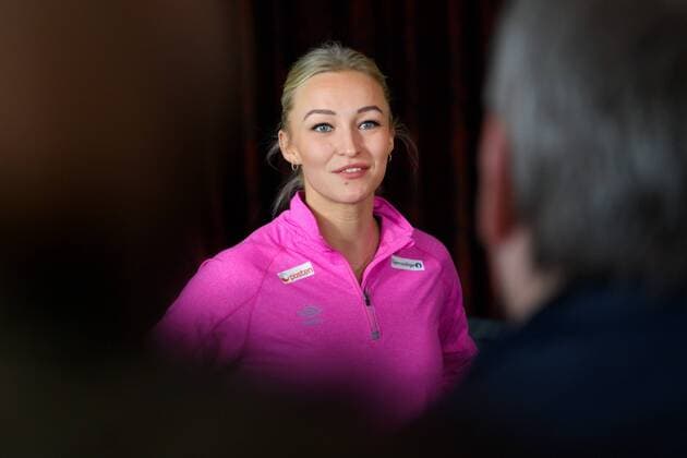 171216 Stine Bredal Oftedal is interviewed at a press meeting with the Norwegian team during the World Cup World Cup on December 16, 2017 in Hamburg  Copyright: CARLxSANDIN BB171216CS004