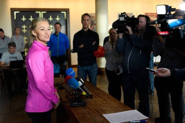 171216 Stine Bredal Oftedal is interviewed at a press meeting with the Norwegian team during the World Cup World Cup on December 16, 2017 in Hamburg  Copyright: CARLxSANDIN BB171216CS005