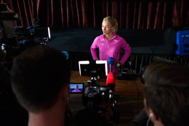 171216 Stine Bredal Oftedal is interviewed at a press meeting with the Norwegian team during the World Cup World Cup on December 16, 2017 in Hamburg  Copyright: CARLxSANDIN BB171216CS006