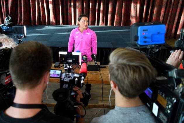 171216 Nora Mørk is interviewed at a press conference with the Norwegian launch of the World Cup at December 16, 2017 in Hamburg  Copyright: CARLxSANDIN BB171216CS013