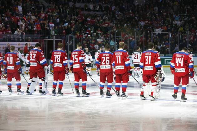 MOSCOW, RUSSIA â€“ DECEMBER 16, 2017: Russian players ahead of their 2017-18 Euro Hockey Tour Channel One Cup Ice hockey Eishockey match against Canada at the VTB Ice Palace. Anton Novoderezhkin TASS  TS06D65F