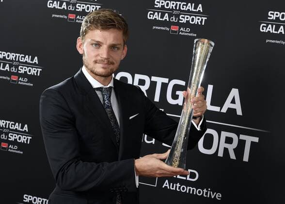 Tennis player David Goffin sportsman of the year, poses with his trophy during the gala evening for the man and woman of the year 2017 awards, Saturday 16 December 2017, in Brussels. JASPERxJACOBS  x05235456x