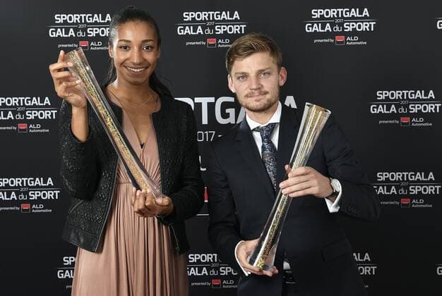 Belgian Nafissatou Nafi Thiam sportswoman of the year, and Tennis player David Goffin sportsman of the year, pose with their trophy during the gala evening for the man and woman of the year 2017 awards, Saturday 16 December 2017, in Brussels. JASPERxJACOBS  x05235555x