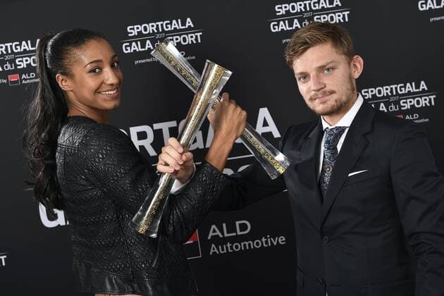 Belgian Nafissatou Nafi Thiam sportswoman of the year, and Tennis player David Goffin sportsman of the year, pose with their trophy during the gala evening for the man and woman of the year 2017 awards, Saturday 16 December 2017, in Brussels. JASPERxJACOBS  x05235557x