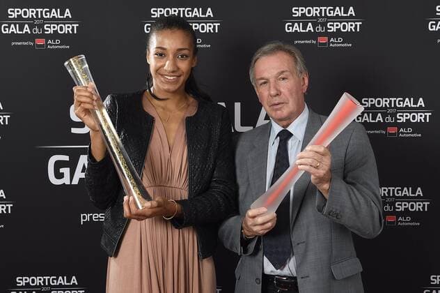 Belgian Nafissatou Nafi Thiam and athletics coach Roger Lespagnard pose with their trophy during the gala evening for the man and woman of the year 2017 awards, Saturday 16 December 2017, in Brussels. JASPERxJACOBS  x05235619x