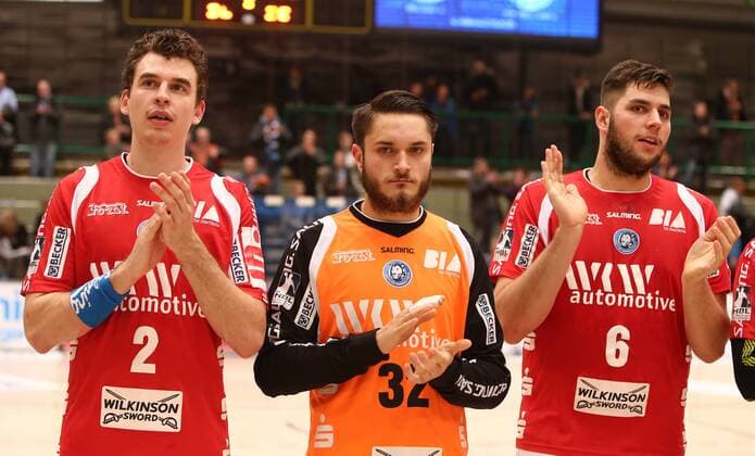 HBL 2 Handball Bundesliga Season 2017 2018 18 Matchday Bergischer HC HC Rhein Vikings vl Maximilian Bettin Janis Boieck and Leos Petrovsky all Bergischer HC after the game