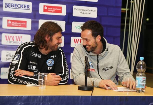 HBL 2 Handball Bundesliga Season 2017 2018 18 Matchday Bergischer HC HC Rhein Viking Sebastian Hinze left and Viktor Szilagyi both Bergischer HC at the press conference