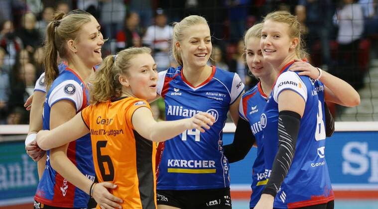 Stuttgart Volleyball Bundesliga Allianz MTV Stuttgart vs Red Ravens Vilsbiburg from left Nika Daalderop Teodora Pusic Jenna Potts Pia Kastner Julia Schäfer Cheers Alliance