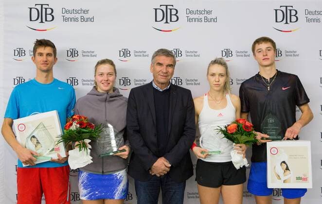 YANNICK MADEN LENA RUEFFER DTB President Ulrich Klaus KATHARINA HOBGARSKI RUDOLF MOLLEKER Award Ceremony in Mixed Doubles German Tennis Championships 2017 German Championship Biberach at the Riss Baden Wuerttemberg Germany 16 December 2017 Copyright: xJuergenxHasenkopfx