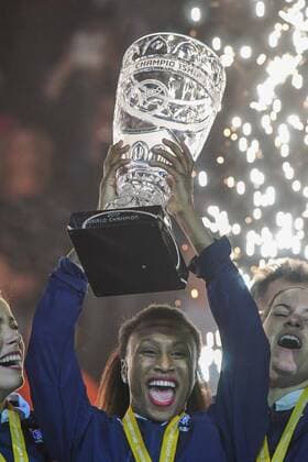Germany Hamburg Barcleycard Arena Handball Womens World Cup match for 3rd place Sweden Netherlands France is Womens World Champion Siraba Dembele FRA with the trophy trophy