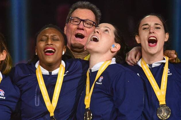 Germany Hamburg Barcleycard Arena Handball Womens World Cup Final France Norway France is Women World Champion Coach Olivier Krumbholz FRA sings with their own players