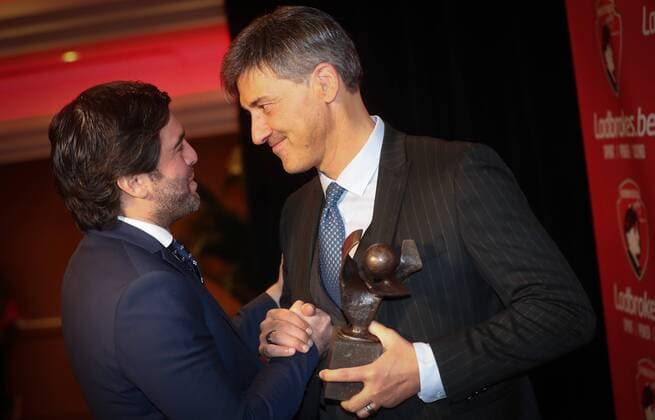Charleroi s manager Mehdi Bayat and Charleroi s head coach Felice Mazzu pictured during the seventh edition of the Raymond Goethals award, for the coach who was the closest to Raymond Goethals, Monday 18 December 2017, in Genval. VIRGINIExLEFOUR  x05256497x