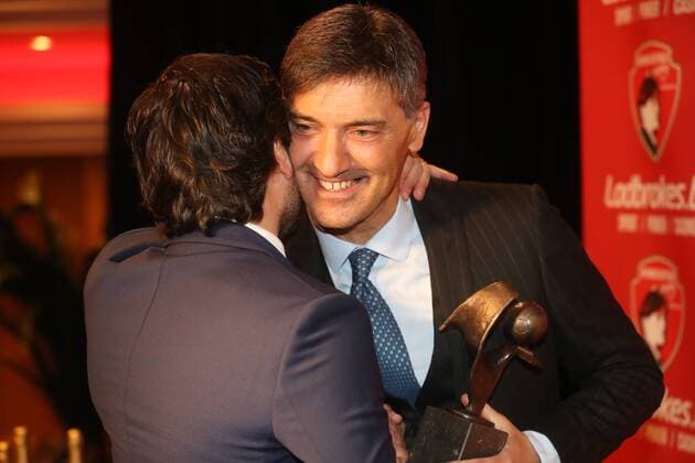 Charleroi s manager Mehdi Bayat and Charleroi s head coach Felice Mazzu pictured during the seventh edition of the Raymond Goethals award, for the coach who was the closest to Raymond Goethals, Monday 18 December 2017, in Genval. VIRGINIExLEFOUR  x05256495x