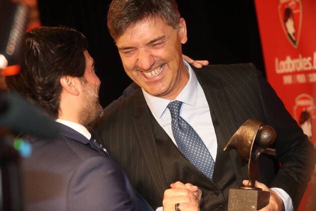 Charleroi s manager Mehdi Bayat and Charleroi s head coach Felice Mazzu pictured during the seventh edition of the Raymond Goethals award, for the coach who was the closest to Raymond Goethals, Monday 18 December 2017, in Genval. VIRGINIExLEFOUR  x05256496x