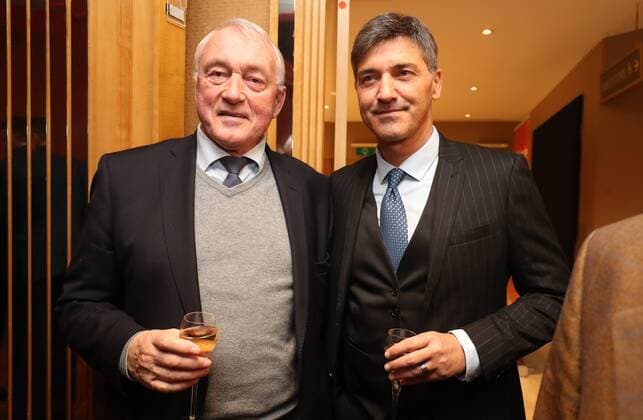 Paul Van Himst and Charleroi s head coach Felice Mazzu pictured at the seventh edition of the Raymond Goethals award, for the coach who was the closest to Raymond Goethals, Monday 18 December 2017, in Genval. VIRGINIExLEFOUR  x05256518x