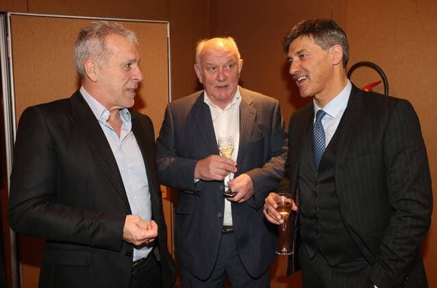 Eric Gerets, Aime Antheunis and Charleroi s head coach Felice Mazzu pictured at the seventh edition of the Raymond Goethals award, for the coach who was the closest to Raymond Goethals, Monday 18 December 2017, in Genval. VIRGINIExLEFOUR  x05256523x