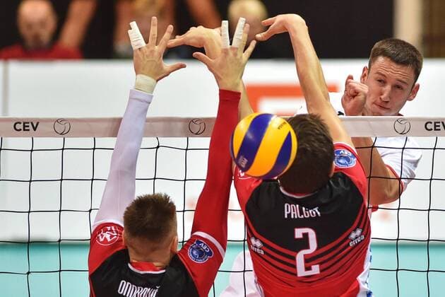 L-R Peter Ondrovic and Filip Palgut of Budejovice and Genadij Sokolov of Hapoel in action during the 2018 CEV Volleyball Champions League - Men, 3rd Round, qualification match VK Jihostroj Ceske Budejovice vs Hapoel Mate-Asher Akko in Ceske Budejovice, Czech Republic, on December 20, 2017. (CTKxPhoto VaclavxPancer) CTKPhotoP201712200902401  VPC_3