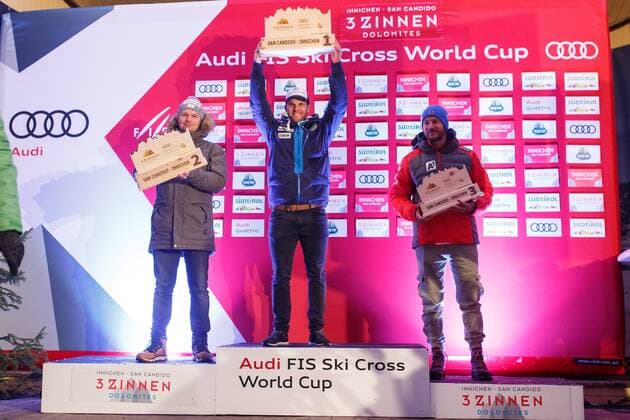 FREE STYLE - FIS SX WC Innichen INNICHEN,ITALY,21.DEC.17 - FREESTYLE SKIING - FIS World Cup, Ski Cross, price giving ceremony. Image shows Christoph Wahrstoetter (AUT), Marc Bischofberger (SUI) and Thomas Zangerl (AUT). GEPAxpictures xDanielxGoetzhaber