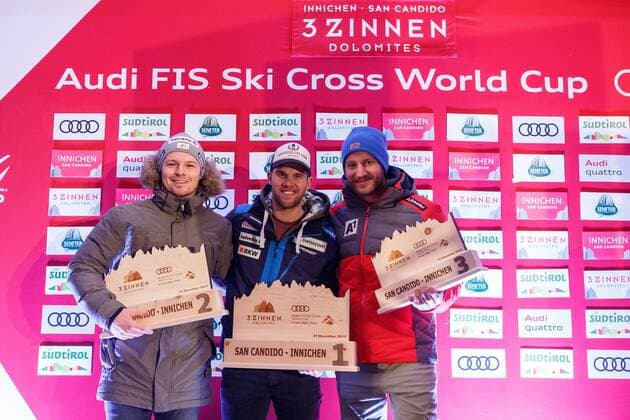 FREE STYLE - FIS SX WC Innichen INNICHEN,ITALY,21.DEC.17 - FREESTYLE SKIING - FIS World Cup, Ski Cross, price giving ceremony. Image shows Christoph Wahrstoetter (AUT), Marc Bischofberger (SUI) and Thomas Zangerl (AUT). GEPAxpictures xDanielxGoetzhaber
