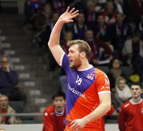Germany Rüsselsheim am Main 21 12 2017 volleyball Hesse European CEV Cup men s season 2017 2018 United volleys Rheinmain blue Montpellier volleyball UC ws v l Lincoln Alexander Williams United volleys 18 sports United volleys Rheinmain Montpellier volleyball UC