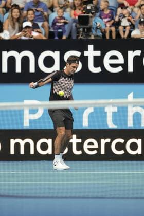 29th December 2017, Perth Arena, Perth, Australia; MasterCard Hopman Cup Tennis; Roger Federer of Team Switzerland plays a backhand shot during his traing session with Thanasi Kokkinakis of Team Australia  ActionPlus11965998