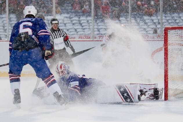 171229 United States s Quinn Hughes and malvakt malvakt Jake Oettinger during the ice hockey match between Canada and the United States in the JVM on 29 december 2017 in Buffalo  Copyright: JOELxMARKLUND BB171229JM057