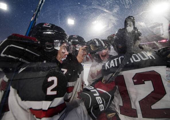 171229 Canada s Jake Bean Robert Thomas Taylor Raddysh and Boris Katchouk rejoices after 3 1 in ice hockey match in the JVM from Canada on 29 december 2017 in Buffalo  Copyright: JOELxMARKLUND BB171229JM069