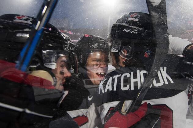 171229 Canada s Jake Bean Robert Thomas Taylor Raddysh and Boris Katchouk rejoices after 3 1 in ice hockey match in the JVM from Canada on 29 december 2017 in Buffalo  Copyright: JOELxMARKLUND BB171229JM070