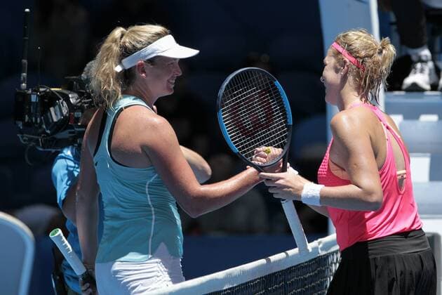 30th December 2017, Perth Arena, Perth, Australia; MasterCard Hopman Cup Tennis; CoCo Vandeweghe of Team USA meets Anastasia Pavlyuchenkova of Team Russia at the net after winning the opening match at the Hopman Cup 2 sets to 0  ActionPlus11966175