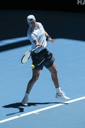 30th December 2017, Perth Arena, Perth, Australia; MasterCard Hopman Cup Tennis; Karen Khachanov of Team Russia plays a forehand shot against Jack Sock of Team USA Sock won 2-1  ActionPlus11966237