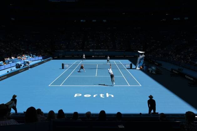 30th December 2017, Perth Arena, Perth, Australia; MasterCard Hopman Cup Tennis; Karen Khachanov of Team Russia serves to CoCo Vandeweghe of Team USA during the mixed doubles won by Russia 2-1  ActionPlus11966261