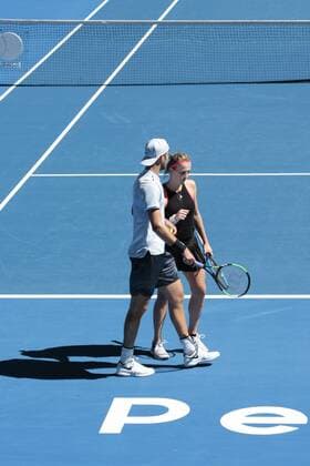 30th December 2017, Perth Arena, Perth, Australia; MasterCard Hopman Cup Tennis; Karen Khachanov and Anastasia Pavlyuchenkova of Team Russia talk tactics during the mixed doubles against Team USA Russia won 2-1  ActionPlus11966275