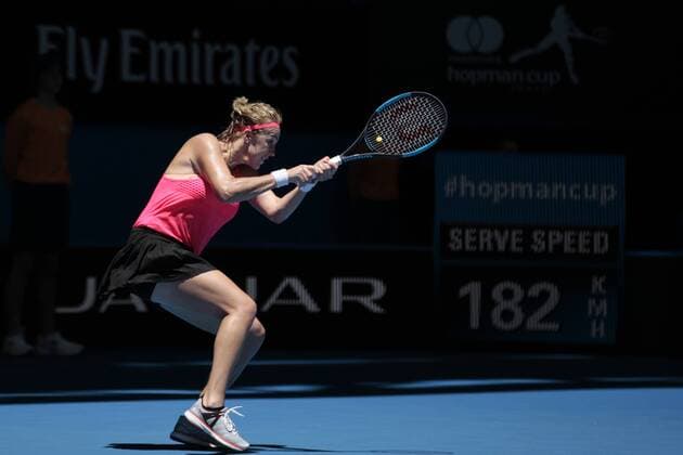30th December 2017, Perth Arena, Perth, Australia; MasterCard Hopman Cup Tennis; Anastasia Pavlyuchenkova of Team Russia plays a backhand shot against CoCo Vandeweghe of Team USA Vandeweghe won 2-0  ActionPlus11966280