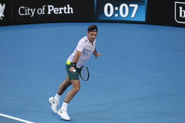 30th December 2017, Perth Arena, Perth, Australia; MasterCard Hopman Cup Tennis; Roger Federer of Team Switzerland plays a backhand shot against Yuchi Sugita of Team Japan Federer won 2-0  ActionPlus11966351
