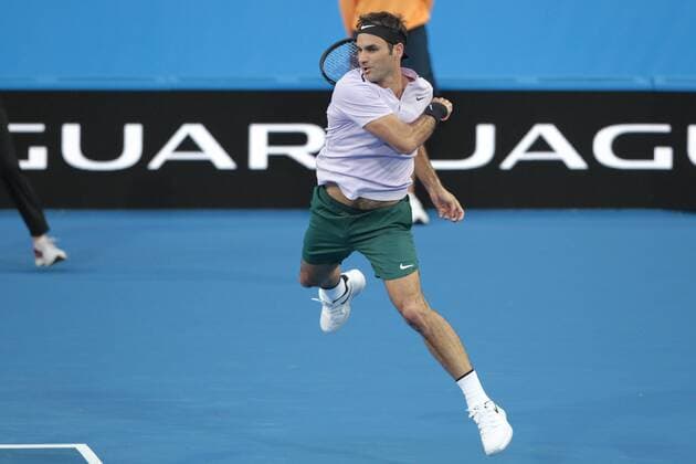 30th December 2017, Perth Arena, Perth, Australia; MasterCard Hopman Cup Tennis; Roger Federer of Team Switzerland smashes the ball back from the baseline during his match against Yuchi Sugita of Team Japan Federer won 2-0  ActionPlus11966364