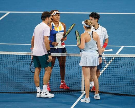YUICHI SUGITA and NAOMI OSAKA congratulate the winners ROGER FEDERER BELINDA BENCIC mixed doubles tennis Hopman Cup 2018 ITF Perth arena Perth Western Australia Australia 30 December 2017 Â Copyright: xJuergenxHasenkopfx