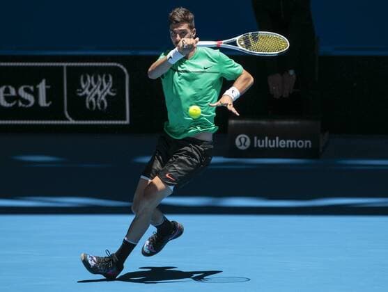 31st December 2017, Perth Arena, Perth, Australia; MasterCard Hopman Cup Tennis; Thanasi Kokkinakis of Team Australia plays a forehand shot to Vasek Pospisil of Team Canada Kokkinakis won 2 sets to 1  ActionPlus11966800